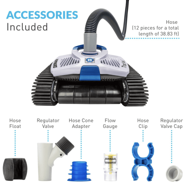 A picture of the Hayward W3HSCTRACCU TracVac Suction Pool Cleaner for In-ground Pools up to 40 ft in Length – Automatic Pool Vacuum – Climbs Walls - Overcomes Pool Floor Obstacles,Blue with all the accessories included.